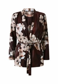 Vestaglia a maniche lunghe, marrone con fantasia floreale in tessuto setoso con cintura annodata. Presenta grandi fiori crema e rosa, con sottili accenti neri.