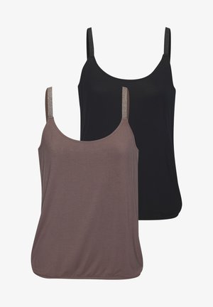 Zwei Spaghetti-Trägertops: eines in Dunkelbraun und eines in Schwarz, beide mit dünnen, glitzernden Trägern und aus weichem, leichtem Stoff.