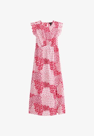 Maxi sukienka w kwiatowy wzór z czerwonymi kwiatami na jasnoróżowym tle, z krótkimi falbaniastymi rękawami i dopasowaną talią. Wykonana z lekkiego materiału.