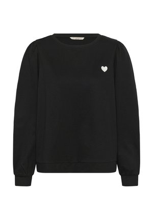 Juodas džemperis su ilgomis pūstomis rankovėmis. Ant krūtinės yra mažas baltas širdies logotipas. Minkšta medžiaga, laisvas siluetas.