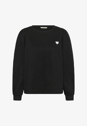 Zwarte trui met lange, opgeblazen mouwen. Voorzien van een klein wit hartlogo op de borst. Zachte stof met een ontspannen pasvorm.