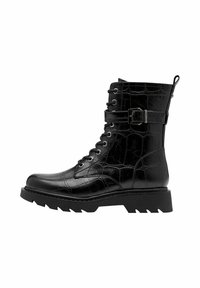 Bottes en cuir noir à lacets avec un motif crocodile, un accent de boucle, un bout rond et une semelle épaisse pour une meilleure adhérence.