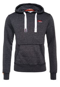 Sudadera con capucha en tejido gris oscuro con cordones blancos. Presenta un bolsillo tipo canguro y puños y dobladillo acanalados. Pequeño logo en el pecho.
