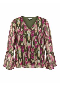 Blusa trasparente a maniche lunghe con scollatura a V, motivo floreale nei toni di rosa, verde e beige, dotata di maniche a volant e vestibilità comoda.