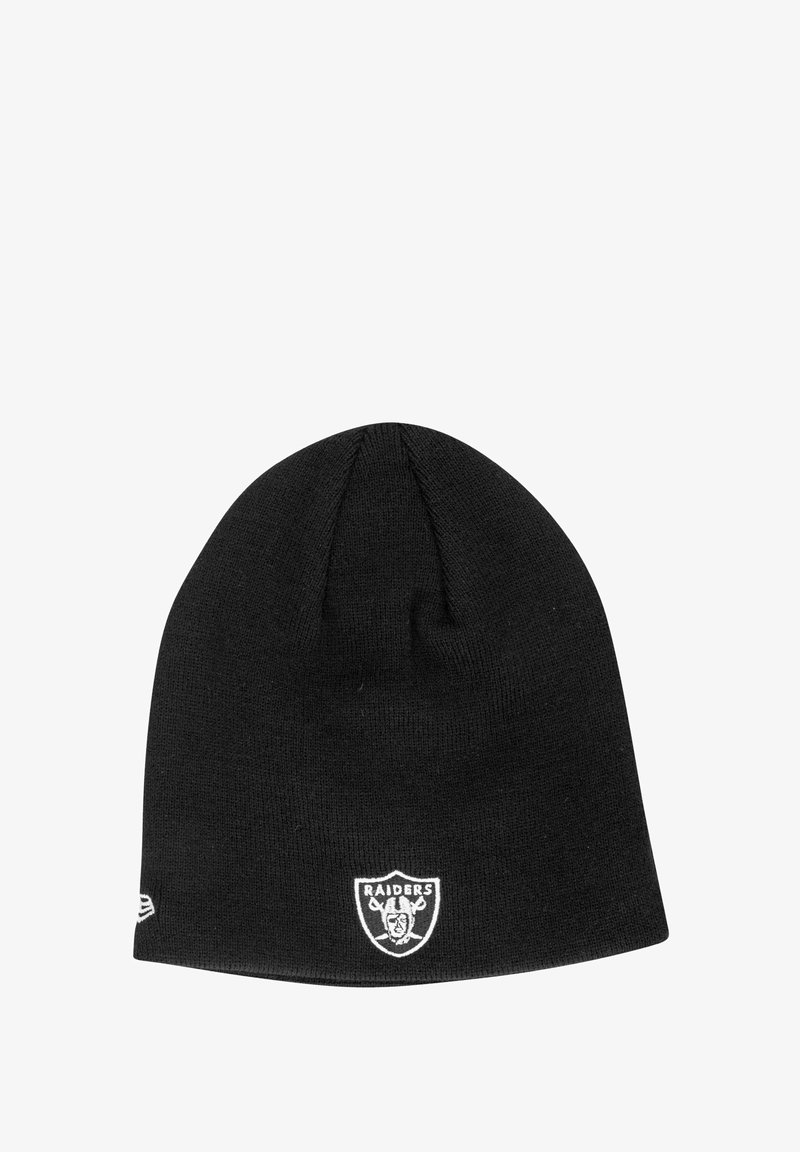 Black knitted beanie with a ribbed texture and a rounded top. Features a white "Raiders" logo patch on the front.