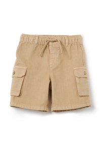 Pantalones cortos de carga beiges hasta la rodilla, con dos bolsillos laterales, cintura elástica y cierre de cordón; confeccionados en una duradera tela de algodón.
