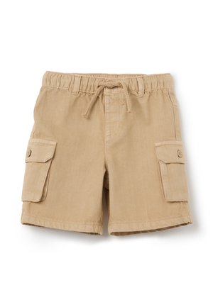 Knee-lange beige cargoshorts met twee zijzakken, een elastische tailleband en een koordsluiting; gemaakt van duurzaam katoen.