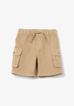 Knee-lange beige cargoshorts met twee zijzakken, een elastische tailleband en een koordsluiting; gemaakt van duurzaam katoen.