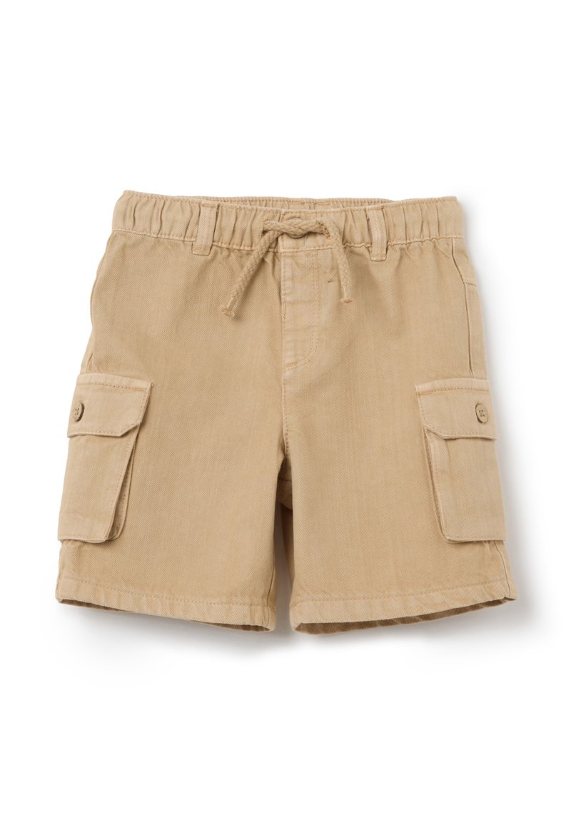 Pantalones cortos de carga beiges hasta la rodilla, con dos bolsillos laterales, cintura elástica y cierre de cordón; confeccionados en una duradera tela de algodón.