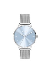 Silberner Uhr mit Zifferblatt in Hellblau, Mesh-Metallarmband, minimalistisches Design, schlankes Gehäuse und einfache Stundenmarker. Markenname auf dem Zifferblatt sichtbar.