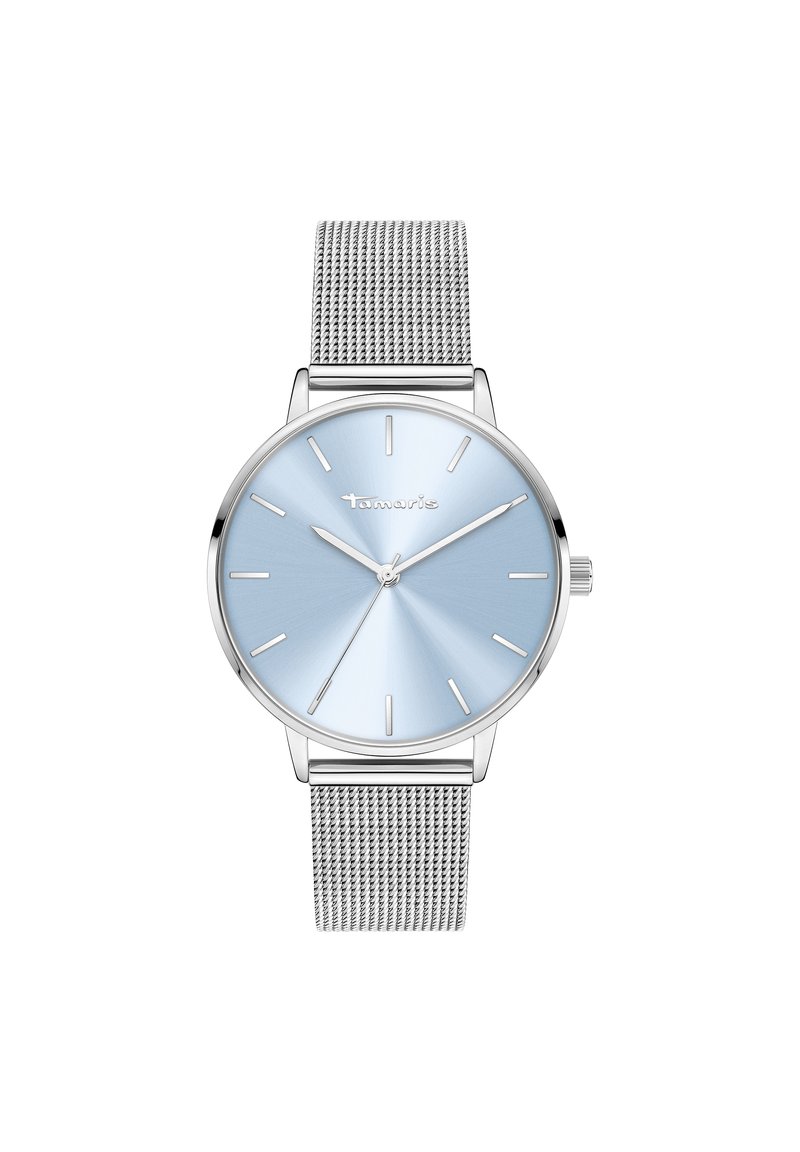Silberner Uhr mit Zifferblatt in Hellblau, Mesh-Metallarmband, minimalistisches Design, schlankes Gehäuse und einfache Stundenmarker. Markenname auf dem Zifferblatt sichtbar.