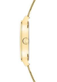 Goldfarbene Armbanduhr mit dünnem Profil, glattem Gehäuse und Krone. Verfügt über ein geflochtenes Metallarmband und eine polierte Oberflächenbeschichtung.