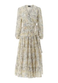 Blumenkleid mit langen Ärmeln, V-Ausschnitt und Bindegürtel. Hergestellt aus leichtem Stoff mit gelben und grauen Blumenmustern. Geschichteter Rock.