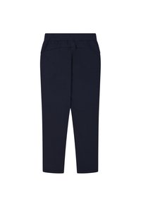 Granatowe, zwężane spodnie z miękkiego materiału, z prostym pasem i przeszyciami na kieszeniach.