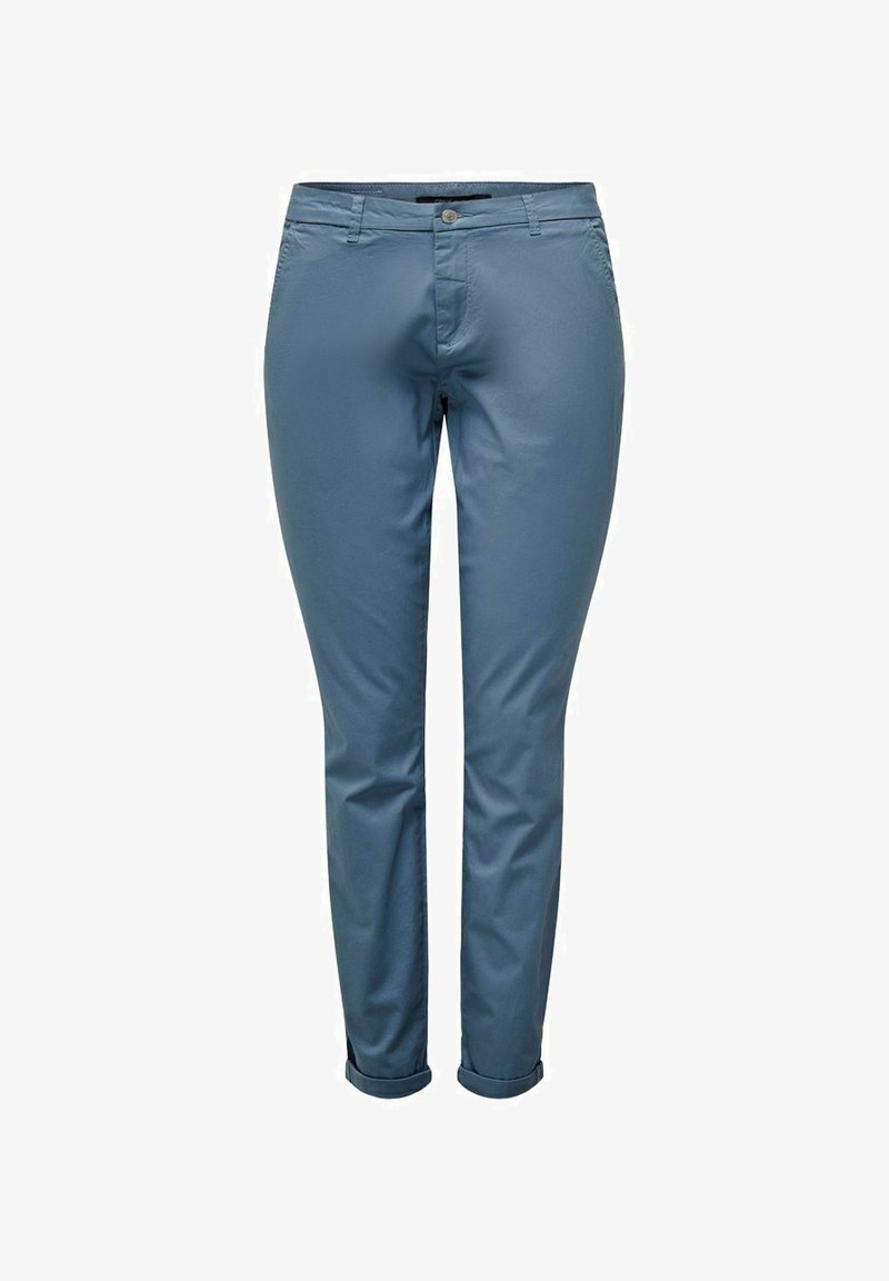 Pantalon bleu slim avec bouton sur le devant, fermeture éclair, passants de ceinture et ourlets retroussés, présenté sur un fond blanc.
