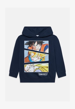 Marine hoodie met een grafisch ontwerp van drie geanimeerde karakters in felle kleuren, die verschillende kapsels en gezichtsuitdrukkingen tonen.