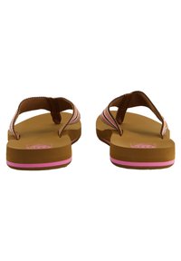 Brown flip-flops with striped fabric straps, tan footbed, and a thick sole accented with a pink stripe. Flat and classic design.