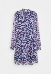 Blommig klänning med marinblå botten, som har rosa och vita djurmönster, långa ärmar med elastiska manschetter och en veckad kjol.