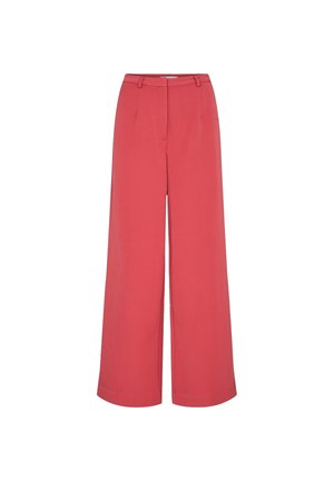 Pantalones de pernera ancha y talle alto en rosa coral con trabillas para cinturón, pliegues delanteros y cierre frontal oculto.