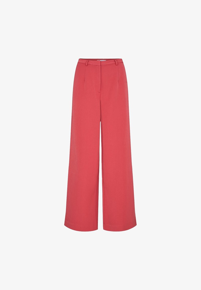 Pantalon taille haute à jambes larges de couleur corail rose avec passants de ceinture, plis devant et fermeture avant dissimulée.