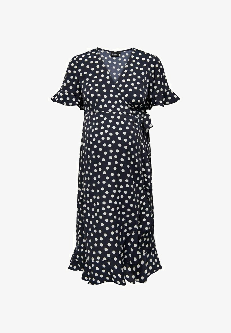 Robe portefeuille marine à pois, avec des manches courtes volantées, un nœud à la taille, et un ourlet à volants. Confectionnée en tissu léger.