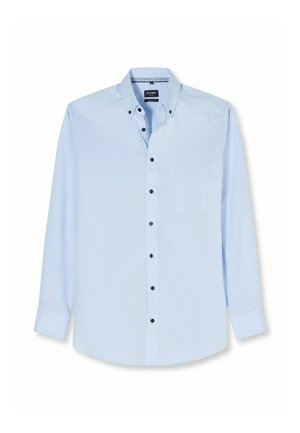 Chemise habillée homme bleu clair à manches longues avec col boutonné, boutons foncés, une poche poitrine et un détail à motifs à l’intérieur du col.