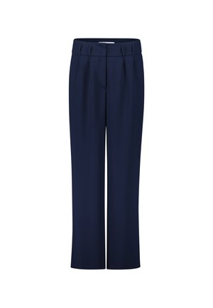 Navy blue trousers with a straight cut, pleats at the waistband, and a smooth fabric texture. No visible pockets or embellishments.