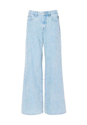 Lyseblå vide jeans med spredte små sølvstuds, frontknap, lynlåslukning og fem-lomme-design.