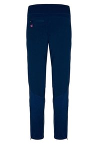 Marinblå idrottsbyxor i flexibelt tyg med midja som sitter åt, sidoficka med dragkedja och kontrasterande paneldetaljer längs sidorna.