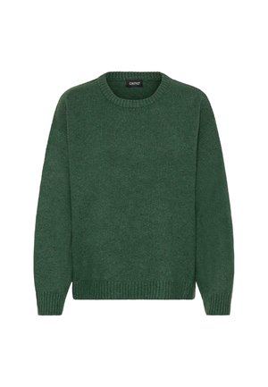 Grøn strikket sweater med rund hals, lange ærmer, ribkantede manchetter og kant, der har en blød tekstur og en afslappet pasform.