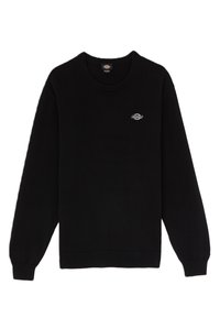 Schwarzer Sweatshirt mit langen Ärmeln, geripptem Halsausschnitt und Bündchen, mit einem kleinen Logo auf der Brust. Hergestellt aus weichem, glattem Stoff.