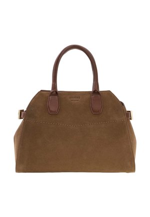 Brown suede handbag with darker brown leather handles and trim, featuring subtle stitching and gold-tone hardware accents.