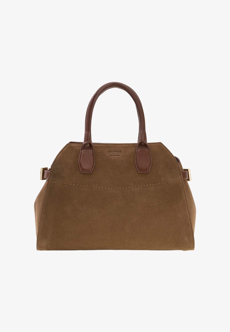Sac à main en daim marron avec poignées et bordures en cuir marron plus foncé, présentant des coutures discrètes et des accessoires métalliques dorés.