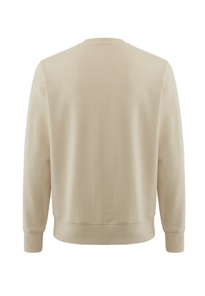Beige sweatshirt met lange mouwen en ronde hals, met geribbelde manchetten en zoom, van achteren getoond tegen een witte achtergrond.