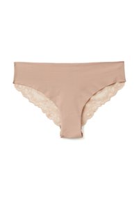 Beige spodní prádlo s hladkým předním dílem a krajkovým lemem vzadu, s nízkým pasem a plným pokrytím.