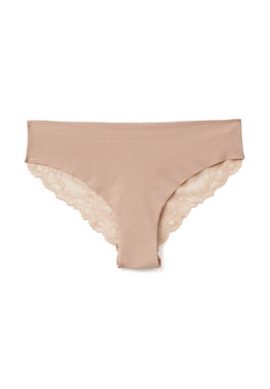 Beige ondergoed met een gladde stof aan de voorkant en een kanten afwerking aan de achterkant, met een lage taille en volledige dekking.