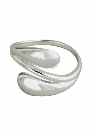 Shiny silver open band ring with smooth, rounded ends overlapping in a modern, minimalistic design on a white background.