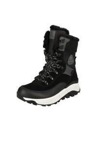 Botte d'hiver noire avec un col en fausse fourrure, dessus texturé, lacets robustes et semelle intermédiaire blanche contrastante. Elle présente une semelle en caoutchouc pour une meilleure traction.