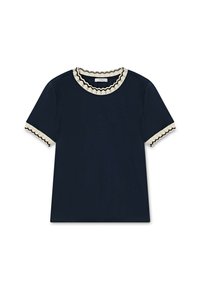 Tricou scurt cu mânecă navy, cu un guler și manșete crem cu margini ondulate, având o textură subtilă și un croi contemporan.