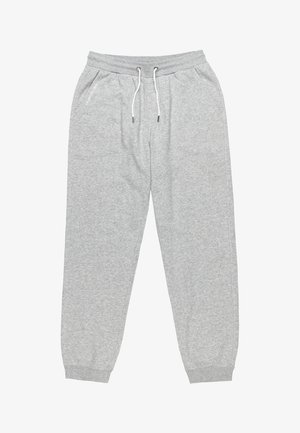 Szare dresy wykonane z miękkiego materiału, z elastycznym paskiem w talii ze sznurkiem, bocznymi kieszeniami i zwężającymi się ściągaczami przy kostkach.