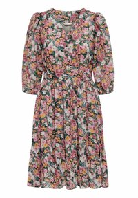 Vestido midi floral con flores en tonos rosa, amarillo, blanco y verde, escote en V, cierre de botones en el frente, mangas largas abullonadas y cintura fruncida.