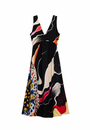 Rochie neagră fără mâneci, cu decolteu adânc în V și siluetă vaporoasă. Are modele abstracte colorate în roșu, galben, albastru și alb.