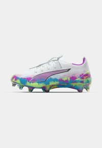 White soccer cleat with multicolored gradient design in pink, green, and blue, featuring textured upper, flat laces, and molded studs.