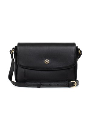 Sac bandoulière en cuir noir avec sangle ajustable et fermoir circulaire doré sur le rabat avant.