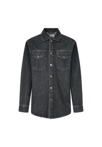 Zwart denimjasje met een knoopsluiting aan de voorkant, twee borstzakken en een kraag. Kenmerkt zich door contrasterende stiksel en heeft een reguliere pasvorm.