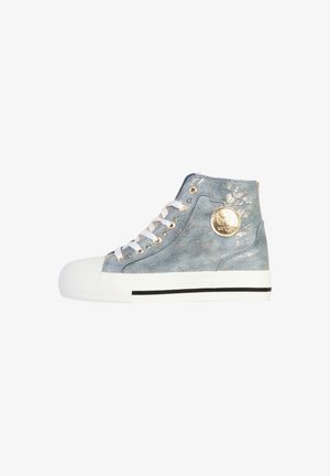 High-top sneaker in light blue synthetic material with a shiny texture, white rubber toe cap, black stripe on sole, and gold hardware detail.