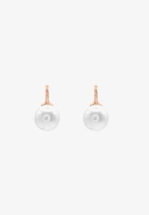 Perlenohrringe mit einer glatten, runden weißen Oberfläche, versehen mit einem filigranen roségoldenen Haken. Einfaches Design mit polierter Oberfläche.