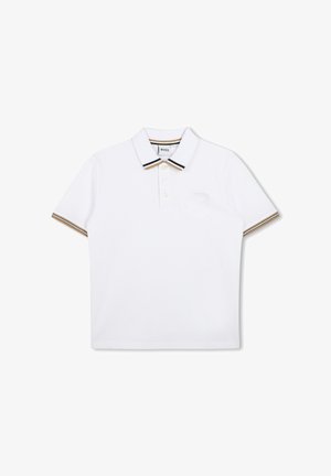 Hvid kortærmet polo skjorte med tre knapper, stribet krave og ærmekanter i beige og sort samt diskret brystlogo.