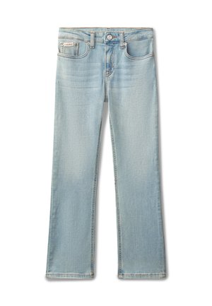 Lyseblå jeans med rette ben, fem lommer, knapp- og glidelås-lukking, og en liten Calvin Klein-label på frontlommen.