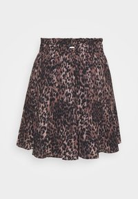 Gonna plissettata con stampa leopardata marrone e nera, con vita elastica arricciata e leggero svaso, esposta su sfondo bianco.